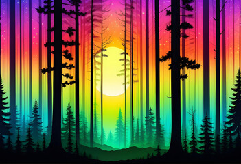 Silhouette Gradient Forest Art, Silhouette, Gradient, Forest, Art, Trees, Woods, Landscape, Nature, Dark, Shadow, Outline, Backdrop, AI Generated.