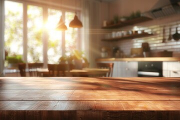 Beautiful empty brown wooden table top and blurred defocused  window with building cityscape tower background with daylight flare, product montage display