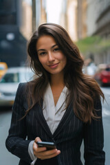 Businesswoman in New York City. The woman who's a qualified professional in Wall Street. She is wearing a business suit. Align and communicate with her highly valued clients. 