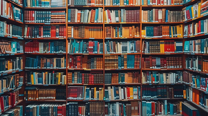 A large bookshelf filled with an organized collection of books in red and blue hues, representing an extensive personal or public library - obrazy, fototapety, plakaty
