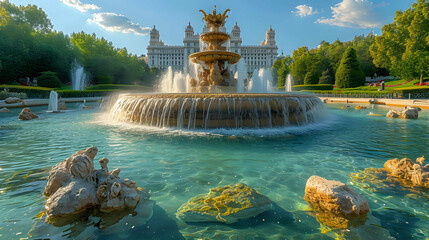 Milan, Italy: historic fountain in the square of the castle