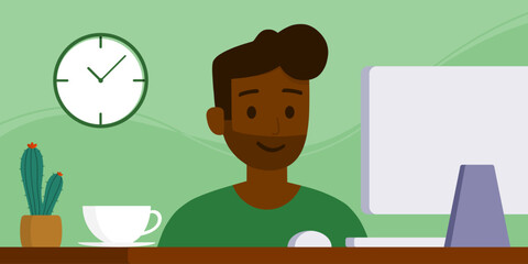 An african man is working with a computer, work from home, vector of illustration