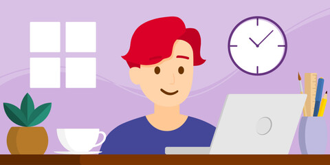 A boy is working with a laptop, work from home, vector of illustration