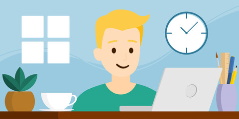 An american man is working with a laptop, work from home, vector of illustration