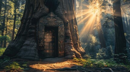 Giant sequoia tree trunk carved into an intricate bank vault surrounded by lush forest - obrazy, fototapety, plakaty