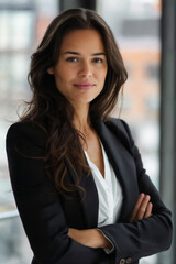 Businesswoman in New York City. The woman who's a qualified professional in Wall Street. She is wearing a business suit. Align and communicate with her highly valued clients. 