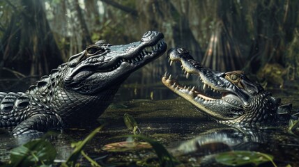a background of Florida swampland with the subject consisting of an American alligator in mortal combat with a Caiman crocodile - obrazy, fototapety, plakaty