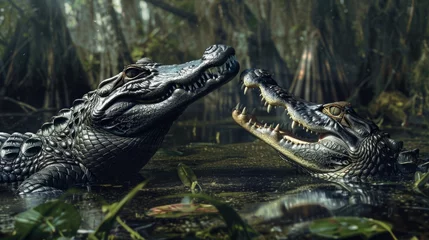 Fototapeten a background of Florida swampland with the subject consisting of an American alligator in mortal combat with a Caiman crocodile © Pungu x