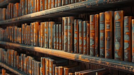 an old looking shelving layout with many books in the style of light orange and dark brown - obrazy, fototapety, plakaty