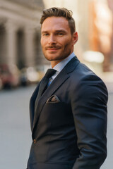 Businessman in New York City. The man who's a qualified professional in Wall Street. He is wearing a business suit. Align and communicate with his highly valued clients. Corporate Executive. CEO.