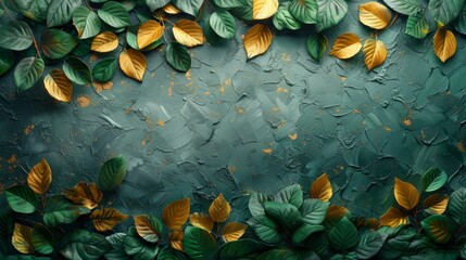 This abstract artistic background has retro, nostalgic, golden brushstrokes on a textured background. It is oil on canvas. Modern Art. Floral leaves, green, gray, wallpaper, poster, card, mural,