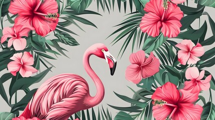 Tropical vintage pink flamingo, pink hibiscus, palm leaves floral seamless pattern grey background....
