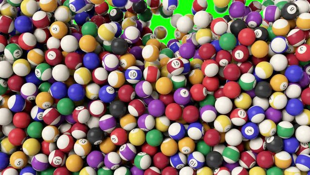 Pool balls falling down. Billard pool balls drooping and stacking. Many pool balls raining down and fill in the screen. Pool balls 4k animation with green screen, on chroma key.
