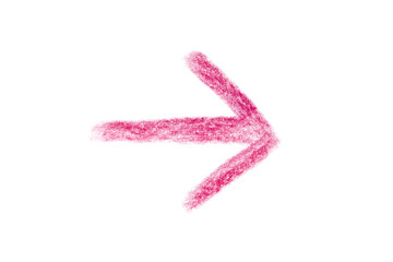 Arrow sign drawn with pink crayon pencil isolated on transparent background