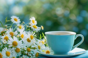 blue cup of tea and chamomile flowers