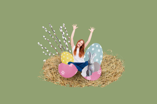 Composite collage image of excited girl bird eggs nest willow branches easter concept weird freak bizarre unusual fantasy billboard