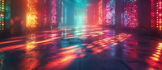 Futuristic Kaleidoscopic RGB Ceiling Lighting in a Dimly Lit Room