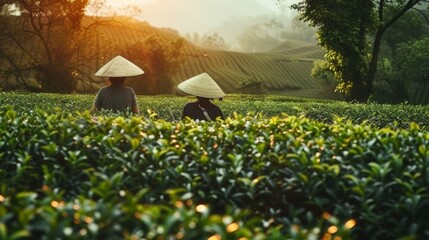  Chinese tea, tea gardens, tea picking, girl wearing a bamboo hat picking tea, morning, sunrise,...