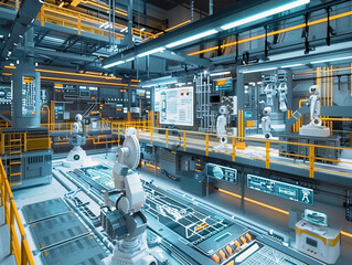 Industry 4.0 smart factory interior showcases advanced automation, machinery, and robotics in a futuristic industrial setting. Innovation, engineering, and interconnected systems 