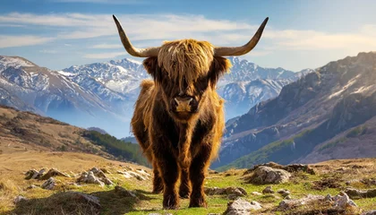 Crédence de cuisine en verre imprimé Highlander écossais  A highland cow with huge, prevalent horns gazes at the camera.