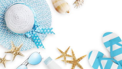 Top view of sea beach holiday accessories: light blue sun hat, sunglasses, flip flops, seashell, starfish, and sunscreen. Summer beach vacation banner sign, copy space isolated on white background