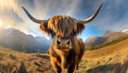 Papier Peint photo Lavable Highlander écossais  A highland cow with huge, prevalent horns gazes at the camera.