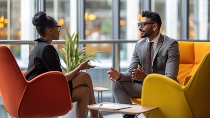Executive Manager and Woman Discussing Business in Office Chairs Generative AI