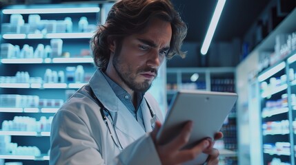 A handsome professional male pharmacist uses a digital tablet computer, checks the availability of medicines at the pharmacy