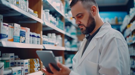 A handsome professional male pharmacist uses a digital tablet computer, checks the availability of medicines at the pharmacy - obrazy, fototapety, plakaty