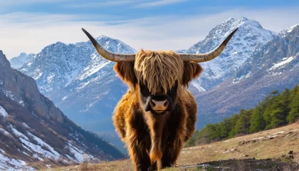 Papier Peint photo Highlander écossais  A highland cow with huge, prevalent horns gazes at the camera.