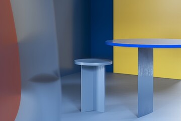 Modern minimalist table and stool set against colorful backdrop in contemporary interior design