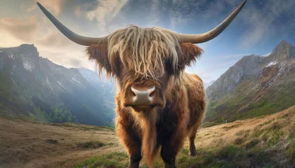 Papier Peint photo autocollant Highlander écossais  A highland cow with huge, prevalent horns gazes at the camera.