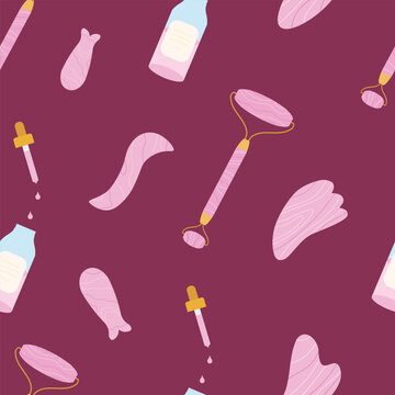 Seamless pattern with facial massage devices gua sha roller ans stones, scrabber and massage oil. Home skin care treatment backgroundWeb