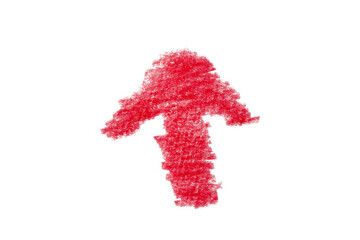 Arrow sign drawn with red crayon pencil isolated on transparent background