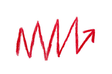 Arrow sign drawn with red crayon pencil isolated on transparent background