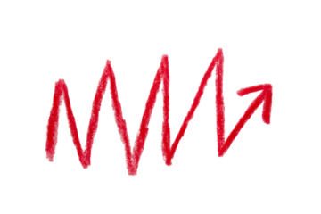 Arrow sign drawn with red crayon pencil isolated on transparent background