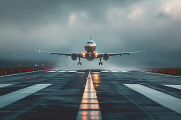 Upon landing on runway, passenger aircraft taxis away to airport terminal gate AI Generative - obrazy, fototapety, plakaty