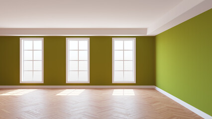 Khaki Interior with a White Ceiling and Cornice, Glossy Herringbone Parquet Floor, Three Large Windows and a White Plinth. Sunny Beautiful Interior. 3D rendering, 8K Ultra HD, 7680x4320, 300 dpi