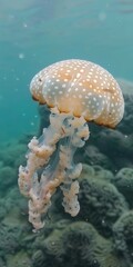 jellyfish with a leopard print pattern floating underwater.