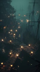 On a lightless evening a secret pirate haven emerges from the fog Lanterns flicker on the wooden docks revealing shadowy figures unloading treasure Photography Silhouette lighting