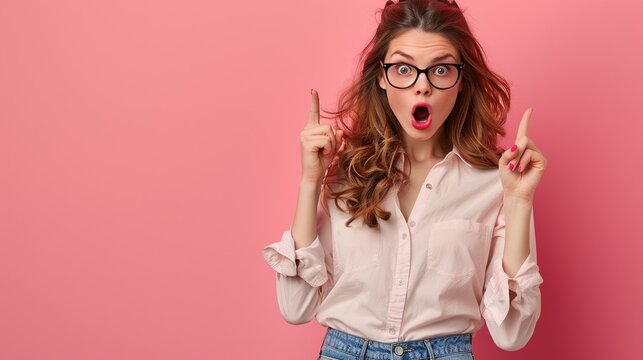 Portrait of shocked student lady promoter direct finger empty space wear casual shirt jeans pants isolated pink color background
