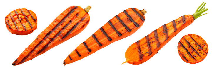 Set of fried halves of fresh carrots isolated on a white or transparent background. Grilled carrots close-up, side view. Design element for grill theme.