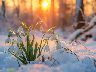 Natural spring background with delicate snowdrop flowers on snowy forest glade at sunset 