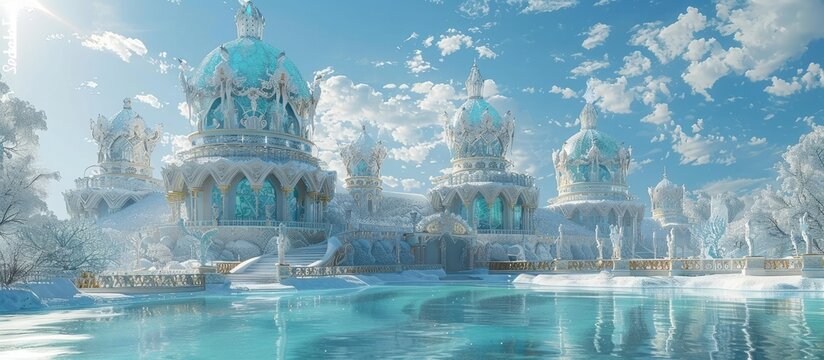 Frosted Enchantment: An Ice Palace Radiating Winter Splendor and Romance in the Sunlight