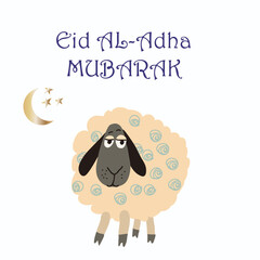 Vector muslim holiday Eid al-Adha card. Banner with sheep, moon for happy sacrifice celebration. Islamic greeting hand drawn illustration. Traditional holiday. Decoration in Eastern style.