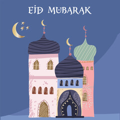 Ramadan Karim, Eid Mubarak, Islamic holiday vector illustrations, greeting card, Arabic architecture cards, template and background for poster, greeting or postcard.