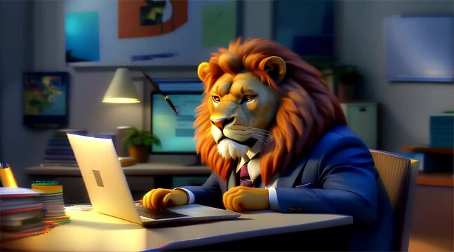A regal lion in a custom-made suit, looking worried while reviewing a presentation on his laptop in an office