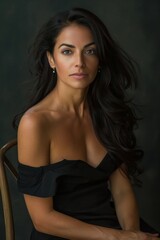 Naklejka premium Elegant woman with long dark hair poses gracefully in stylish black dress against a soft backdrop, showcasing her confident expression and poise in a studio setting