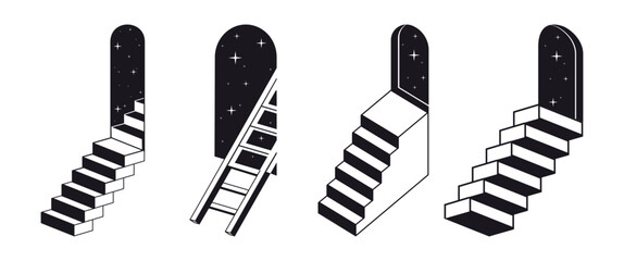 Abstract monochrome stairs. Geometric surreal ladders, minimal ladders with arch portals flat vector illustration set. Outline ladders on white © GreenSkyStudio