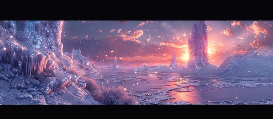 Ice Palace at Dusk: Panoramic of a Frozen World with Twinkling Icicle Lights and Magical Elements
